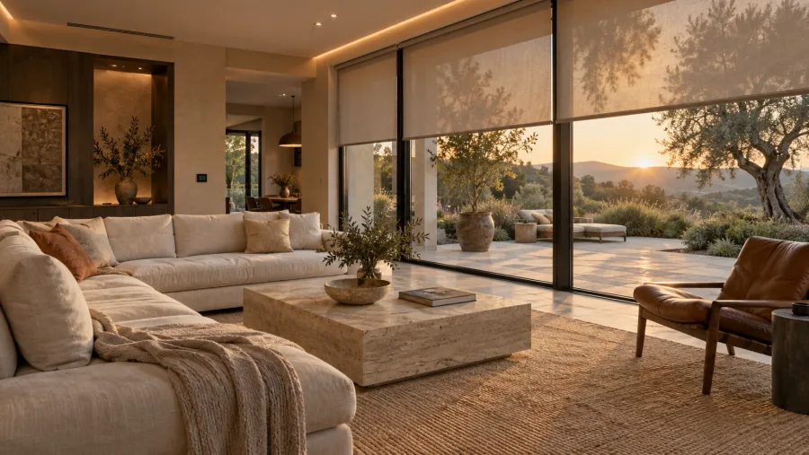 Design concept of a warm living room with integrated lighting and roller shades, overlooking a garden.